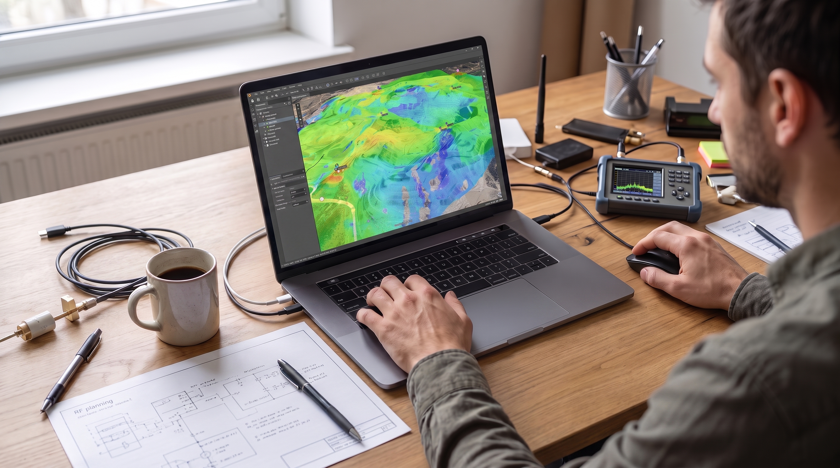 RF planning Atoll software on a laptop used by an RF engineer 